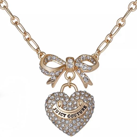 NIB JUICY COUTURE Gold Rhinestone Heart Bow Pearl Pendant Necklace 18”+2” GIFT - Picture 2 of 15